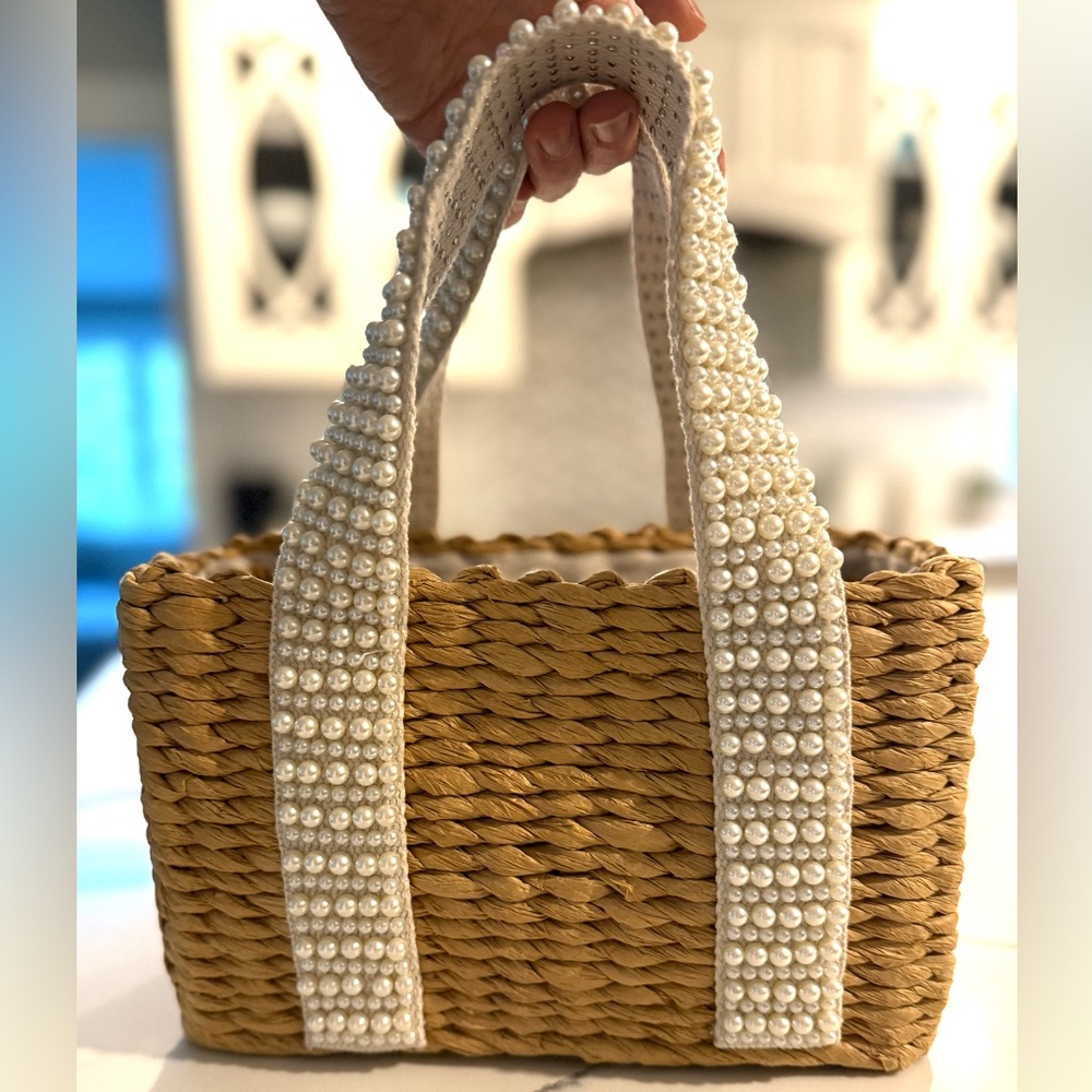 NWT Pearl-Embellished Tan Woven Bag